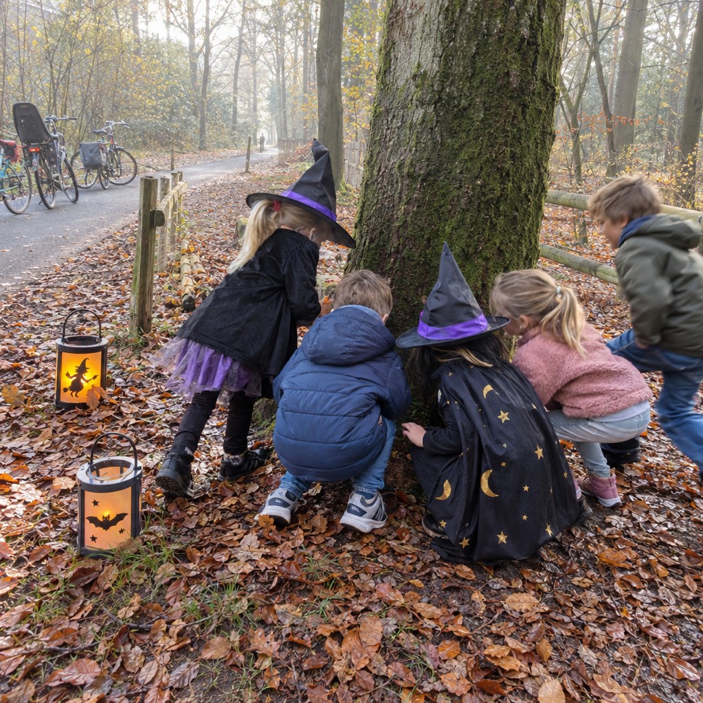 Kinderen op speurtocht tijdens een Halloween Speurtocht kinderfeestje