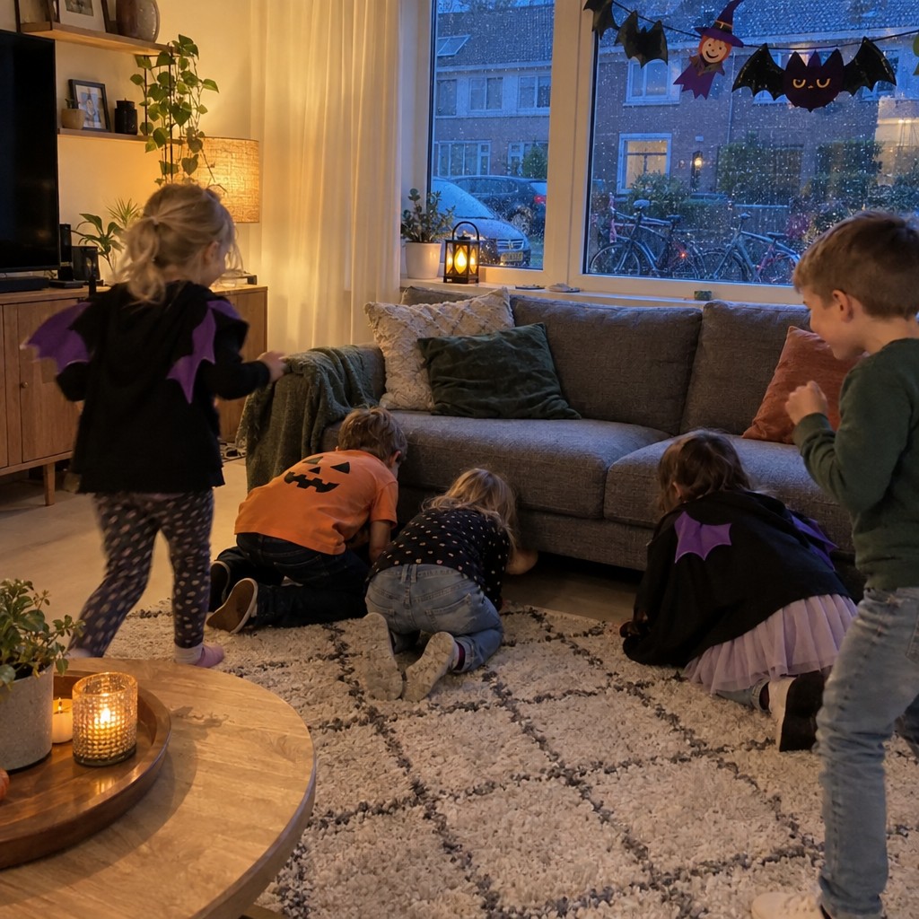 Kinderen zoeken samen naar aanwijzingen bij de Halloween Speurtocht