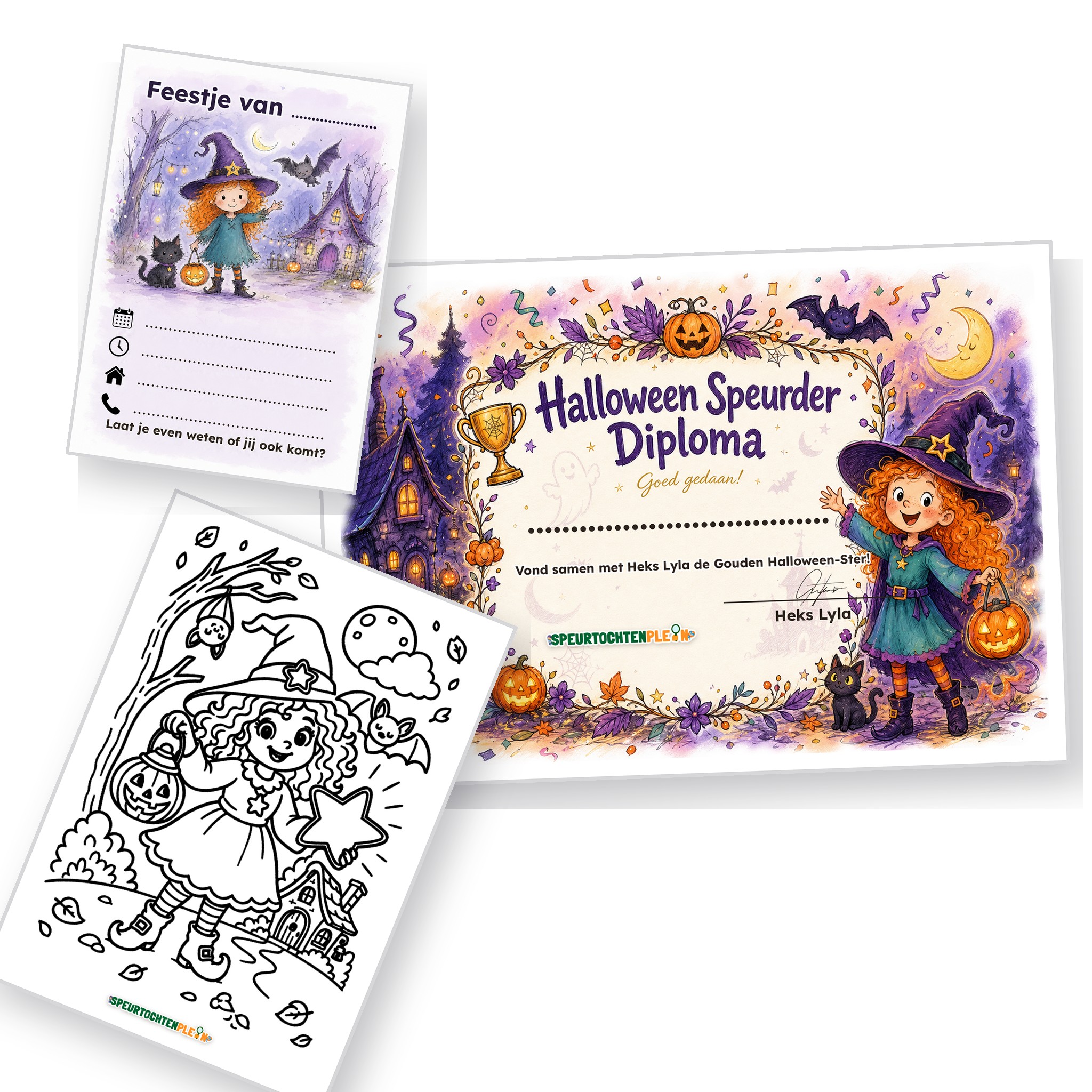 Uitnodiging, diploma en kleurplaat van de Halloween Speurtocht