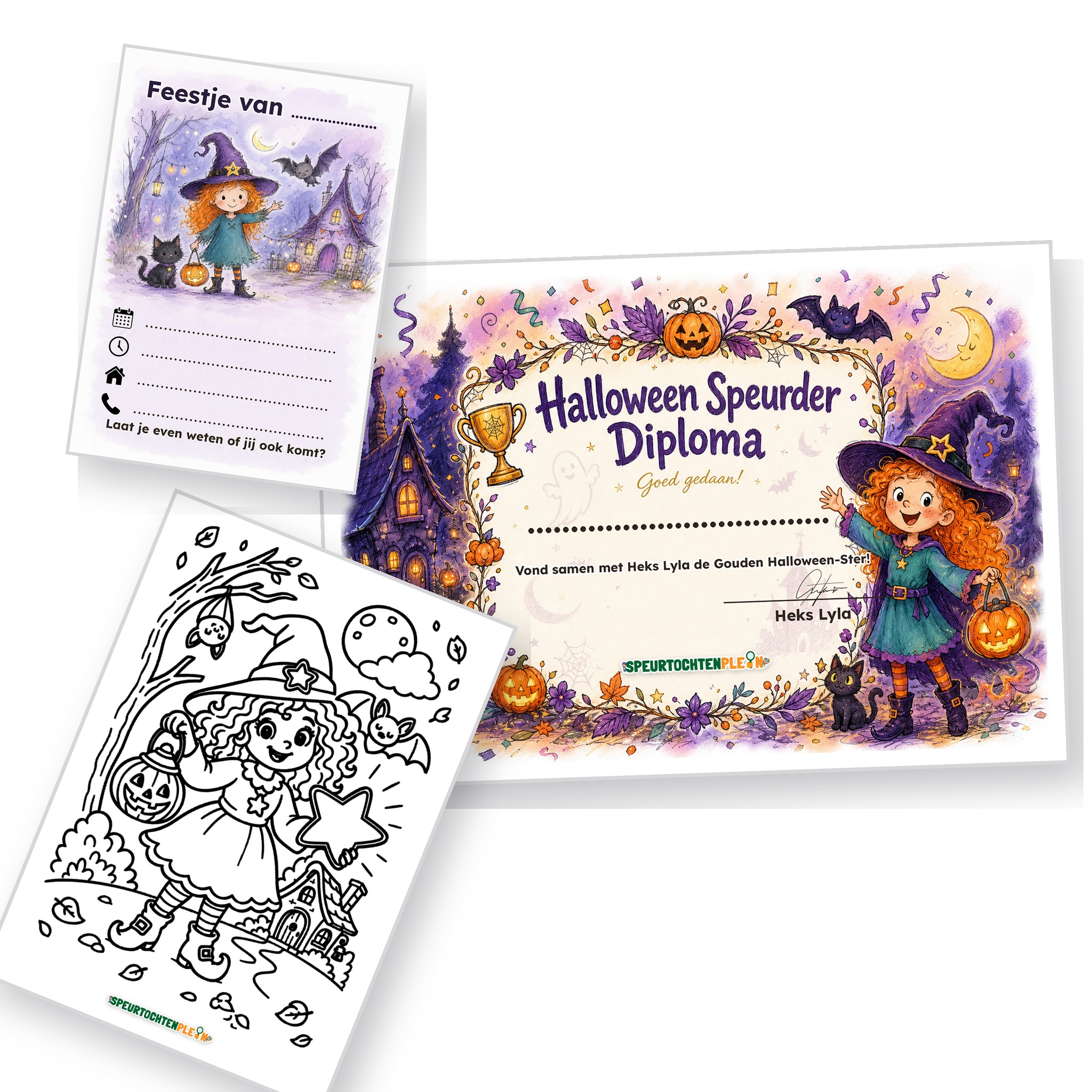 Uitnodiging, diploma en kleurplaat van de Halloween Speurtocht