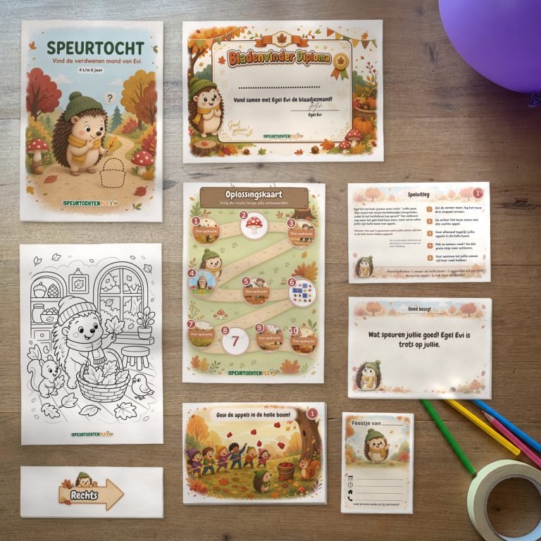 Alle onderdelen van de herfst Speurtocht op tafel: voorblad, diploma, oplossingskaart, kleurplaat, opdrachtkaarten, speluitleg, uitnodigingen en pijlen