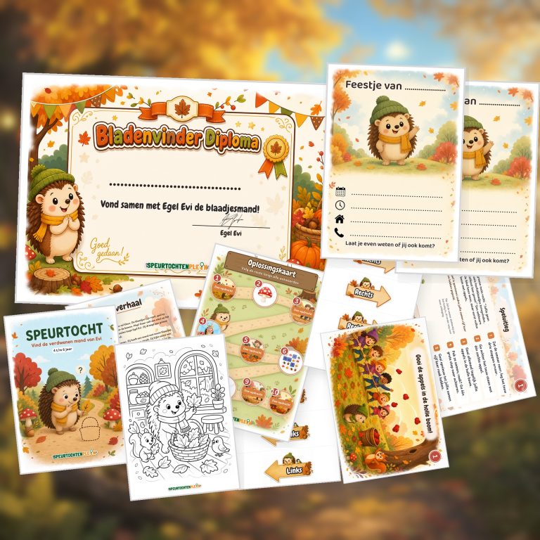 Overzicht van de herfst Speurtocht met voorblad, verhaal, opdrachtkaart, speluitleg, uitnodigingen, oplossingskaart, kleurplaat, pijlen en diploma
