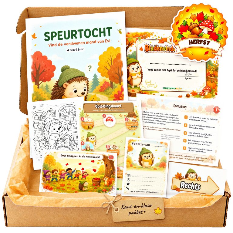 Complete herfst Speurtocht voor een kinderfeestje met voorblad, opdrachtkaarten, uitnodigingen, diploma en kleurplaat
