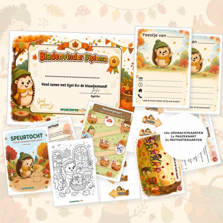 Complete herfst Speurtocht voor een kinderfeestje met voorblad, opdrachtkaarten, uitnodigingen, diploma en kleurplaat