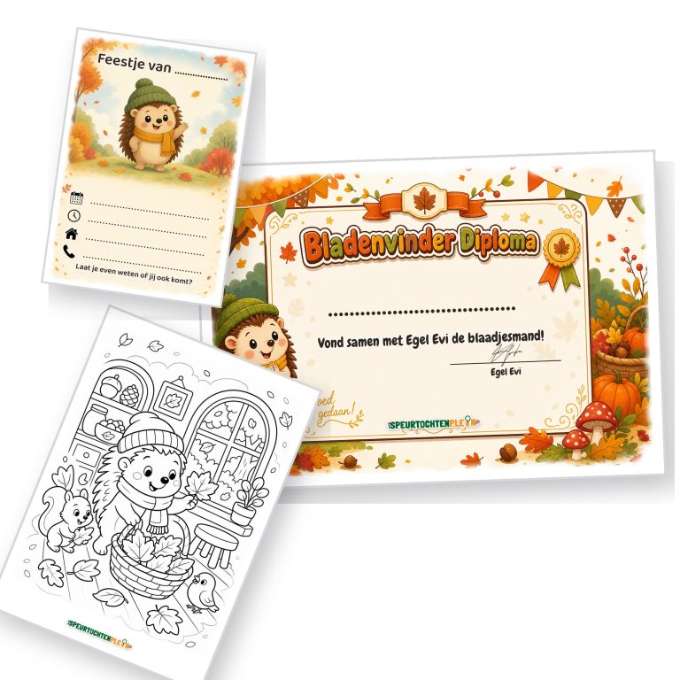 Uitnodiging, diploma en kleurplaat van de herfst Speurtocht