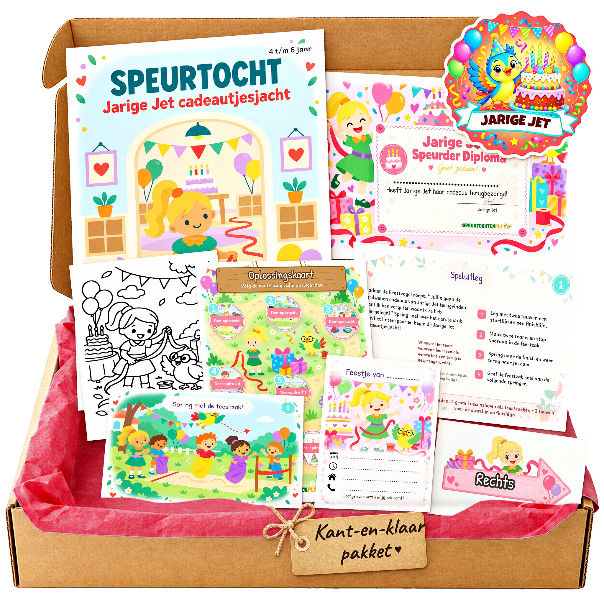 Complete Jarige Jet Speurtocht voor een kinderfeestje met voorblad, opdrachtkaarten, uitnodigingen, diploma en kleurplaat
