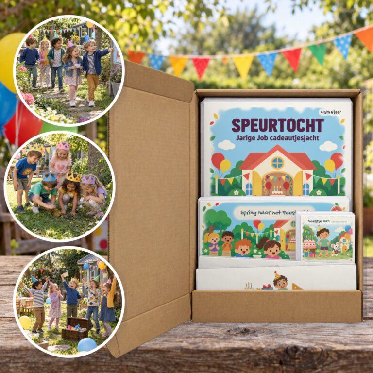 Jarige Job Speurtocht als brievenbuspakket, met foto's van kinderen op speurtocht