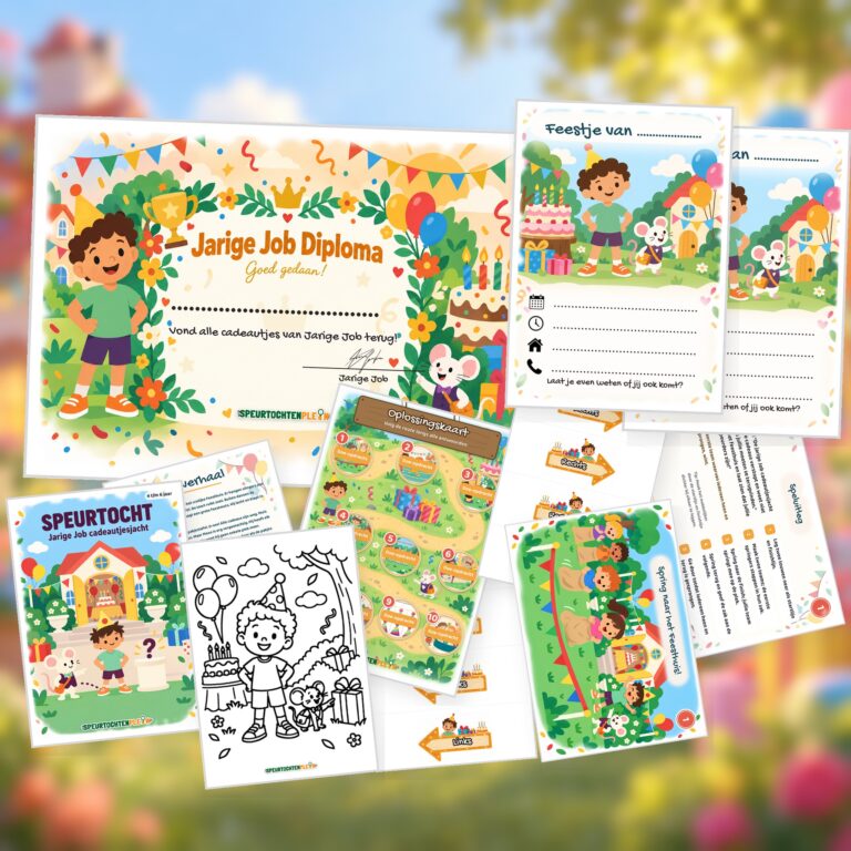 Overzicht van de Jarige Job Speurtocht met voorblad, verhaal, opdrachtkaart, speluitleg, uitnodigingen, oplossingskaart, kleurplaat, pijlen en diploma