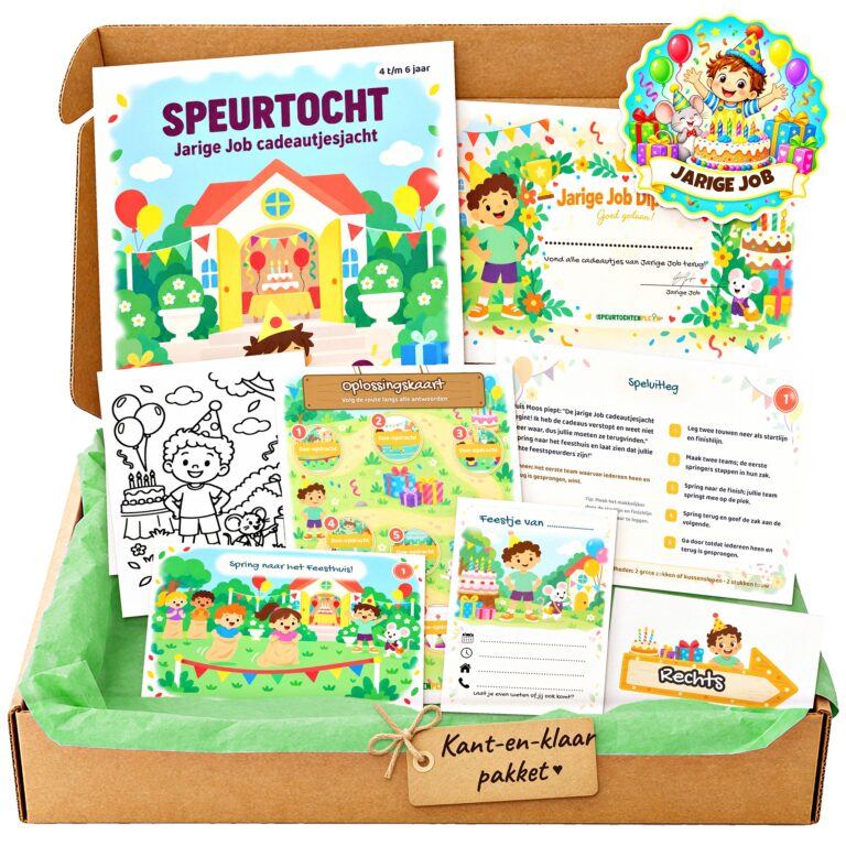Complete Jarige Job Speurtocht voor een kinderfeestje met voorblad, opdrachtkaarten, uitnodigingen, diploma en kleurplaat