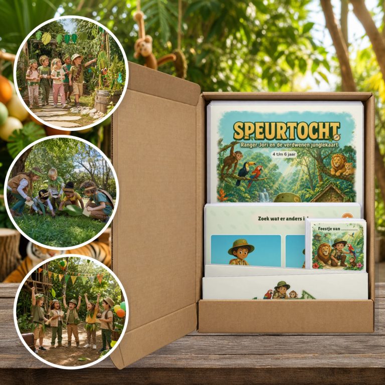 Jungle Speurtocht als brievenbuspakket, met foto's van kinderen op speurtocht
