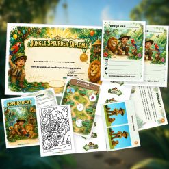 Overzicht van de Jungle Speurtocht met voorblad, verhaal, opdrachtkaart, speluitleg, uitnodigingen, oplossingskaart, kleurplaat, pijlen en diploma