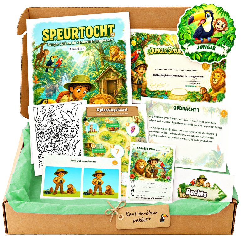 Complete Jungle Speurtocht voor een kinderfeestje met voorblad, opdrachtkaarten, uitnodigingen, diploma en kleurplaat