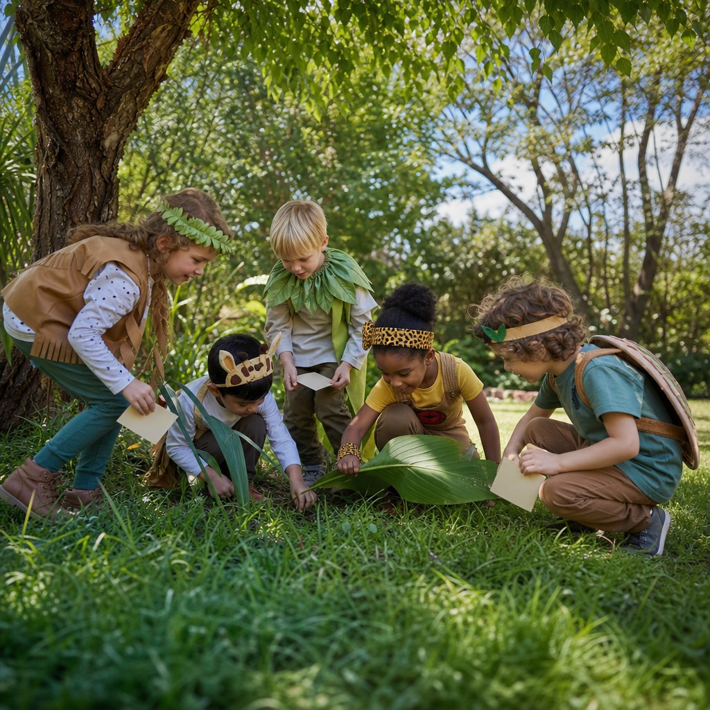 Kinderen zoeken samen naar aanwijzingen bij de Jungle Speurtocht