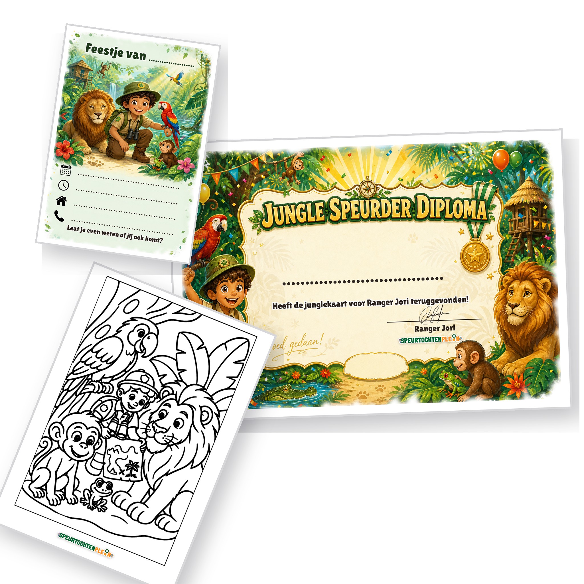 Uitnodiging, diploma en kleurplaat van de Jungle Speurtocht