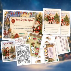 Overzicht van de kerst Speurtocht met voorblad, verhaal, opdrachtkaart, speluitleg, uitnodigingen, oplossingskaart, kleurplaat, pijlen en diploma