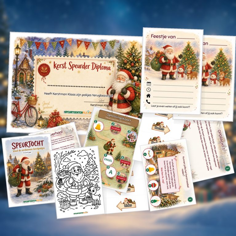 Overzicht van de kerst Speurtocht met voorblad, verhaal, opdrachtkaart, speluitleg, uitnodigingen, oplossingskaart, kleurplaat, pijlen en diploma