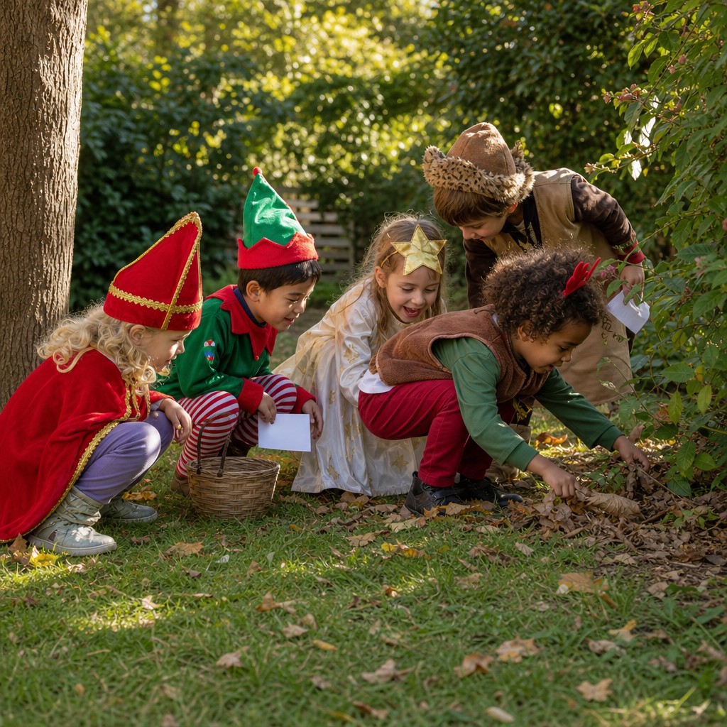 Kinderen zoeken samen naar aanwijzingen bij de kerst Speurtocht
