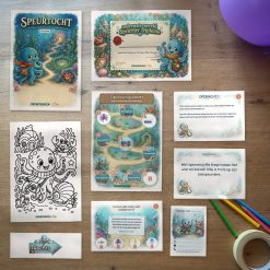 Alle onderdelen van de onderwaterwereld Speurtocht op tafel: voorblad, diploma, oplossingskaart, kleurplaat, opdrachtkaarten, speluitleg, uitnodigingen en pijlen