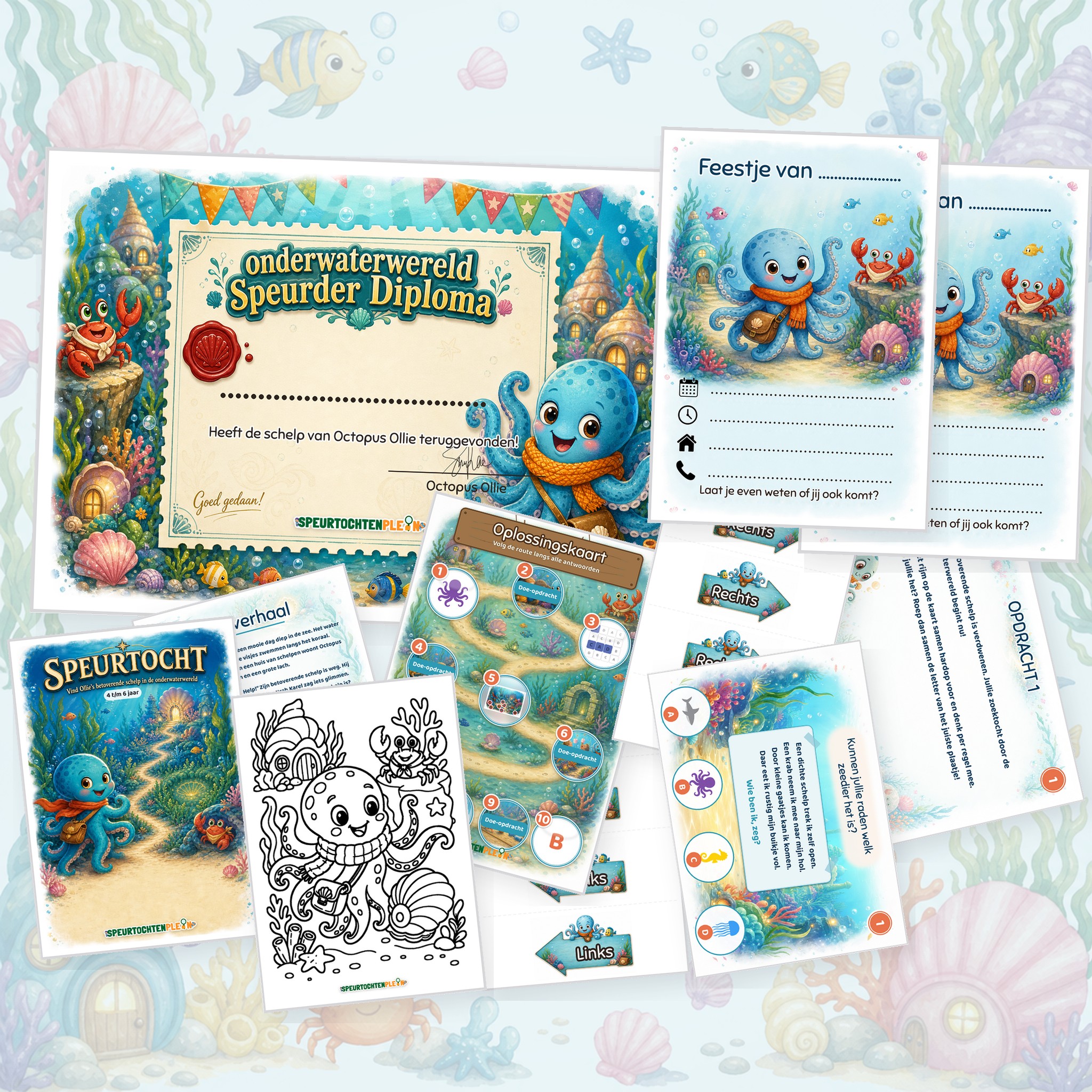 Overzicht van de onderwaterwereld Speurtocht met voorblad, verhaal, opdrachtkaart, speluitleg, uitnodigingen, oplossingskaart, kleurplaat, pijlen en diploma