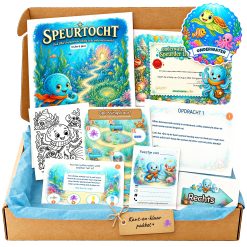 Complete onderwaterwereld Speurtocht voor een kinderfeestje met voorblad, opdrachtkaarten, uitnodigingen, diploma en kleurplaat