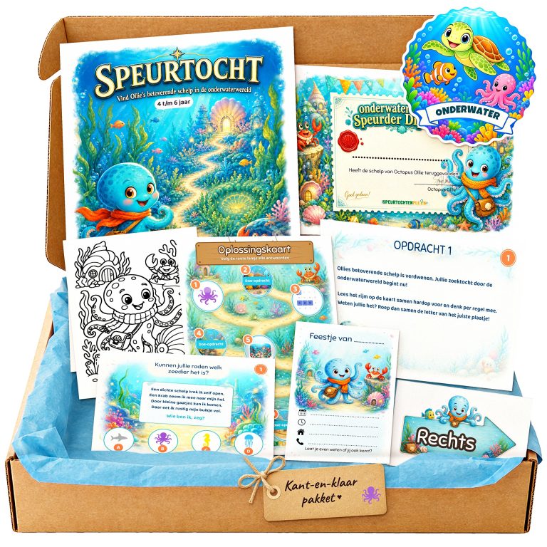 Complete onderwaterwereld Speurtocht voor een kinderfeestje met voorblad, opdrachtkaarten, uitnodigingen, diploma en kleurplaat
