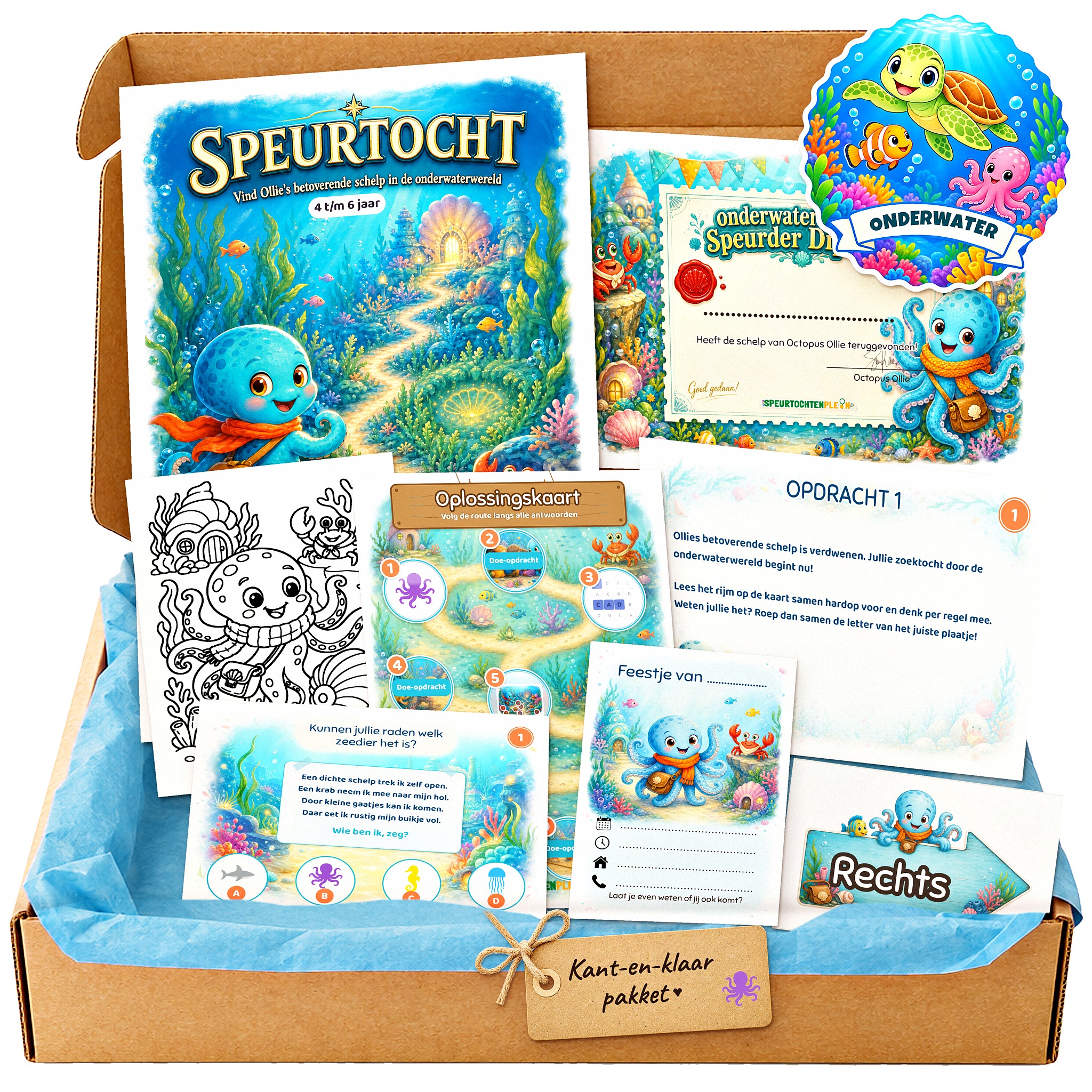 Complete onderwaterwereld Speurtocht voor een kinderfeestje met voorblad, opdrachtkaarten, uitnodigingen, diploma en kleurplaat