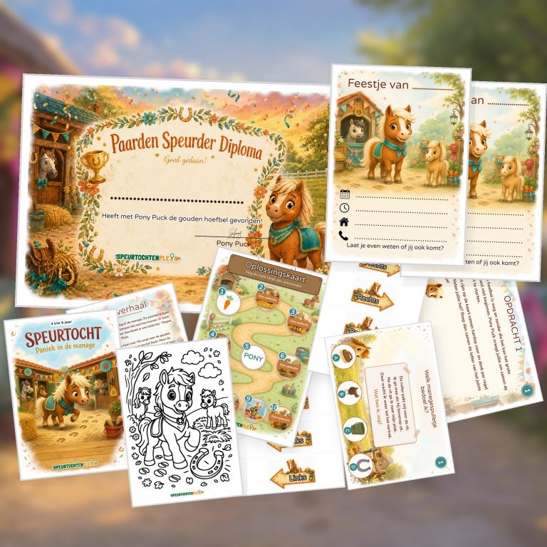 Overzicht van de Paarden Speurtocht met voorblad, verhaal, opdrachtkaart, speluitleg, uitnodigingen, oplossingskaart, kleurplaat, pijlen en diploma