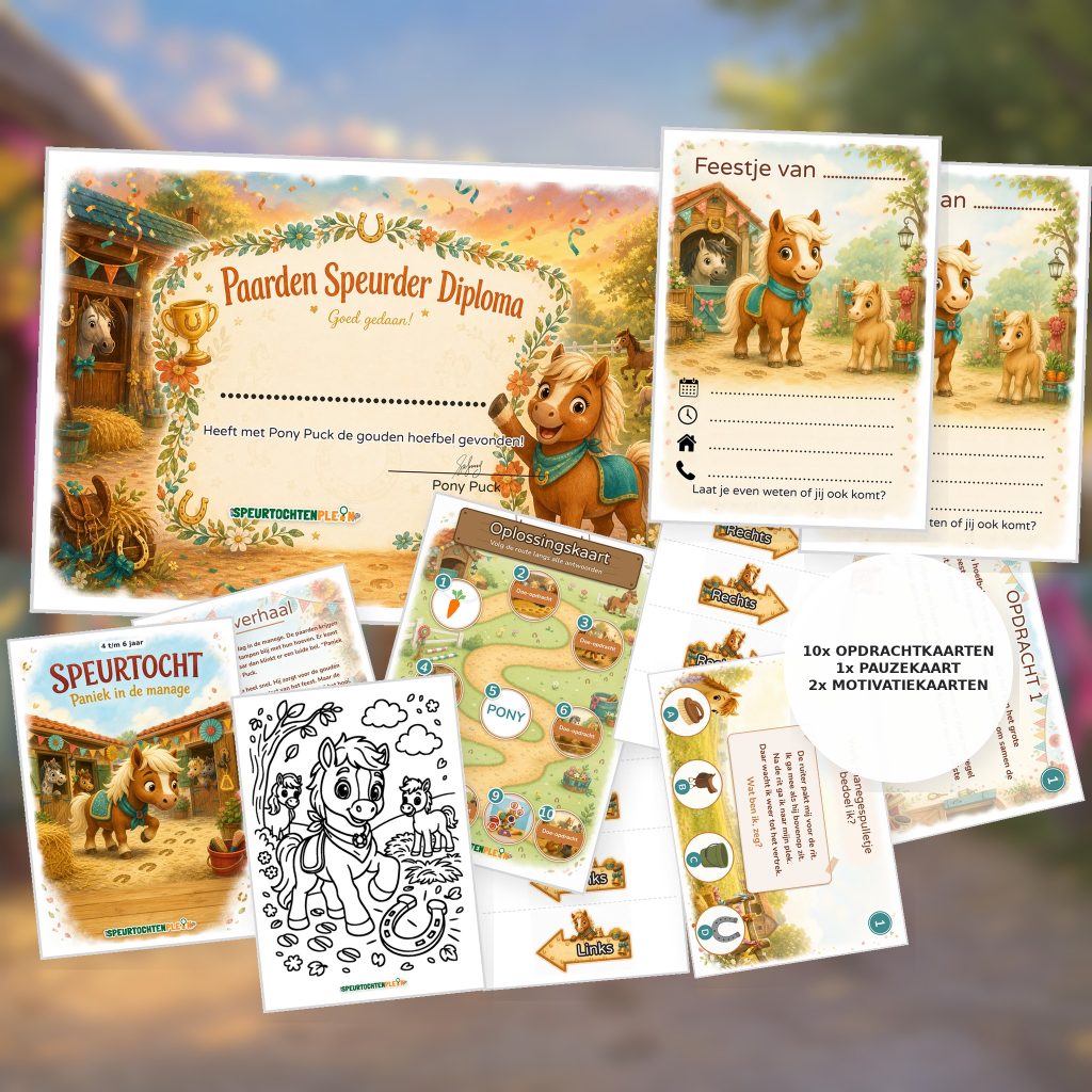 Complete Paarden Speurtocht voor een kinderfeestje met voorblad, opdrachtkaarten, uitnodigingen, diploma en kleurplaat