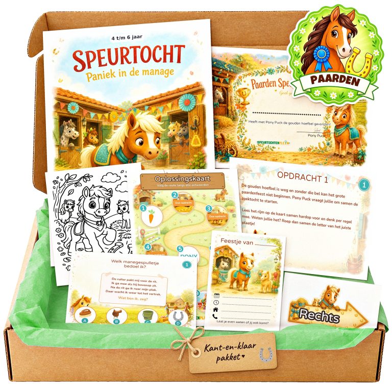 Complete Paarden Speurtocht voor een kinderfeestje met voorblad, opdrachtkaarten, uitnodigingen, diploma en kleurplaat