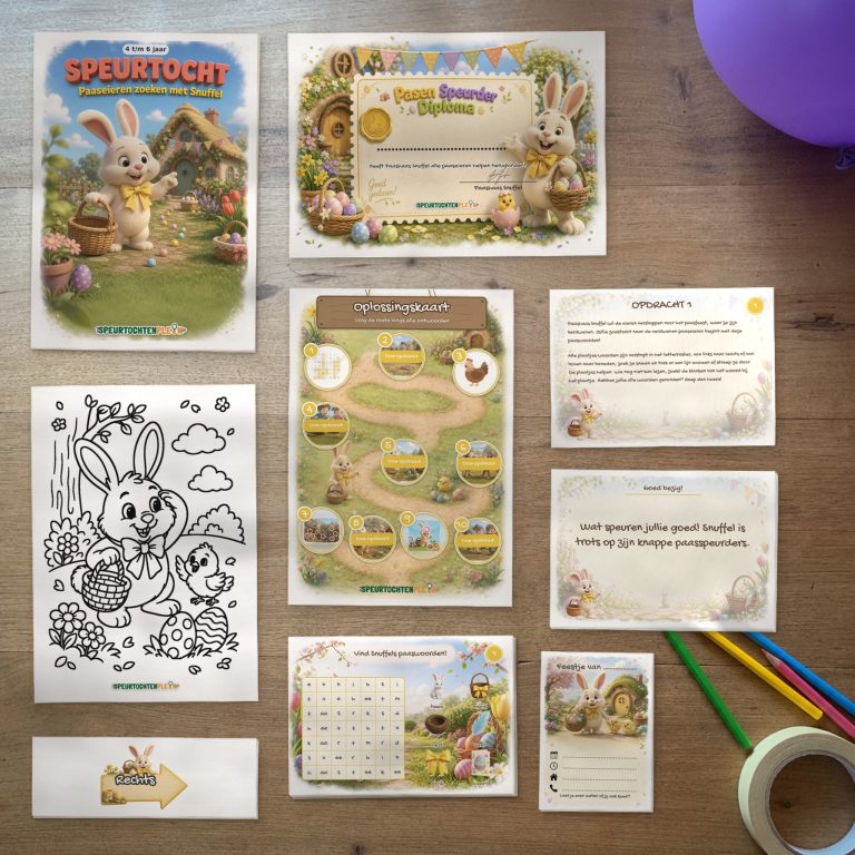 Alle onderdelen van de Pasen Speurtocht op tafel: voorblad, diploma, oplossingskaart, kleurplaat, opdrachtkaarten, speluitleg, uitnodigingen en pijlen