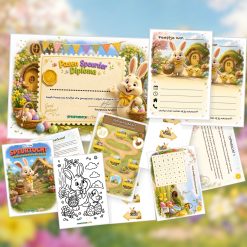 Overzicht van de Pasen Speurtocht met voorblad, verhaal, opdrachtkaart, speluitleg, uitnodigingen, oplossingskaart, kleurplaat, pijlen en diploma