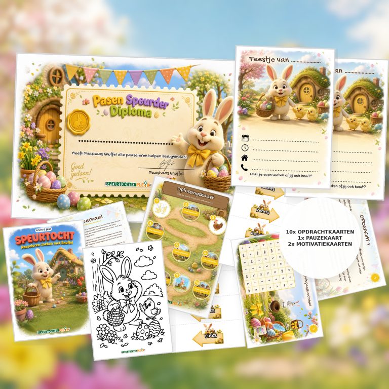 Complete Pasen Speurtocht voor een kinderfeestje met voorblad, opdrachtkaarten, uitnodigingen, diploma en kleurplaat
