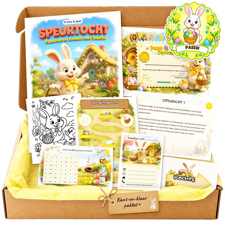 Complete Pasen Speurtocht voor een kinderfeestje met voorblad, opdrachtkaarten, uitnodigingen, diploma en kleurplaat