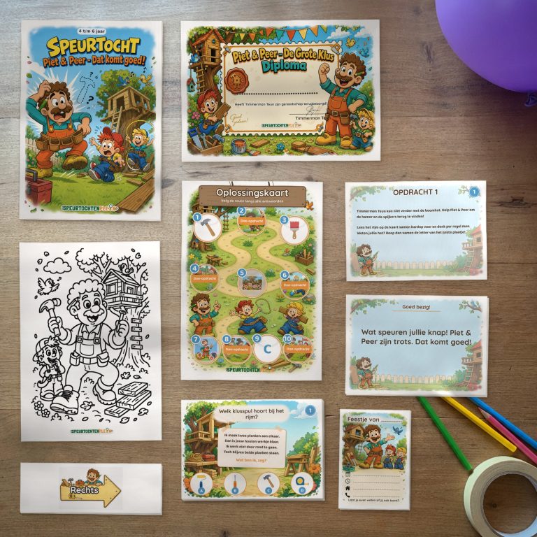 Alle onderdelen van de Piet & Peer - De Grote Klus Speurtocht op tafel: voorblad, diploma, oplossingskaart, kleurplaat, opdrachtkaarten, speluitleg, uitnodigingen en pijlen