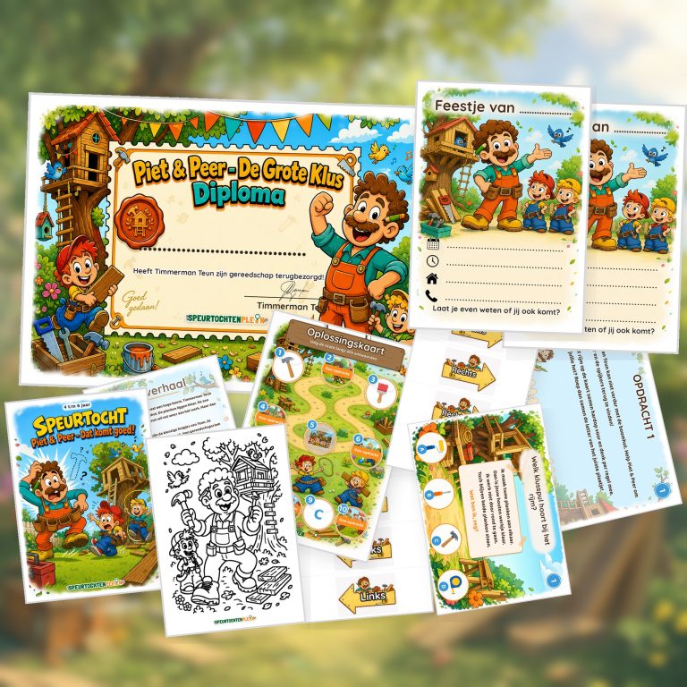 Overzicht van de Piet & Peer - De Grote Klus Speurtocht met voorblad, verhaal, opdrachtkaart, speluitleg, uitnodigingen, oplossingskaart, kleurplaat, pijlen en diploma