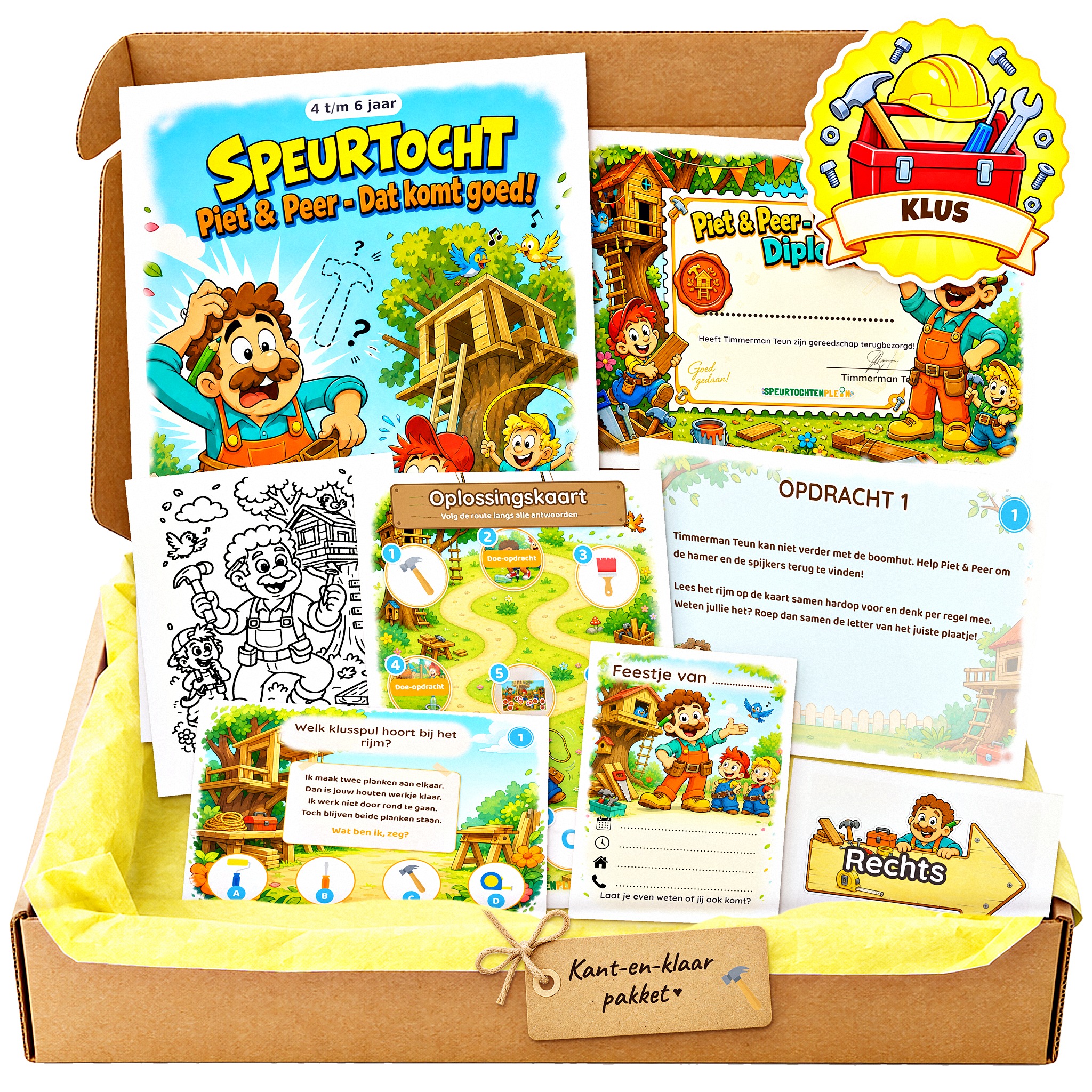 Complete Piet & Peer - De Grote Klus Speurtocht voor een kinderfeestje met voorblad, opdrachtkaarten, uitnodigingen, diploma en kleurplaat