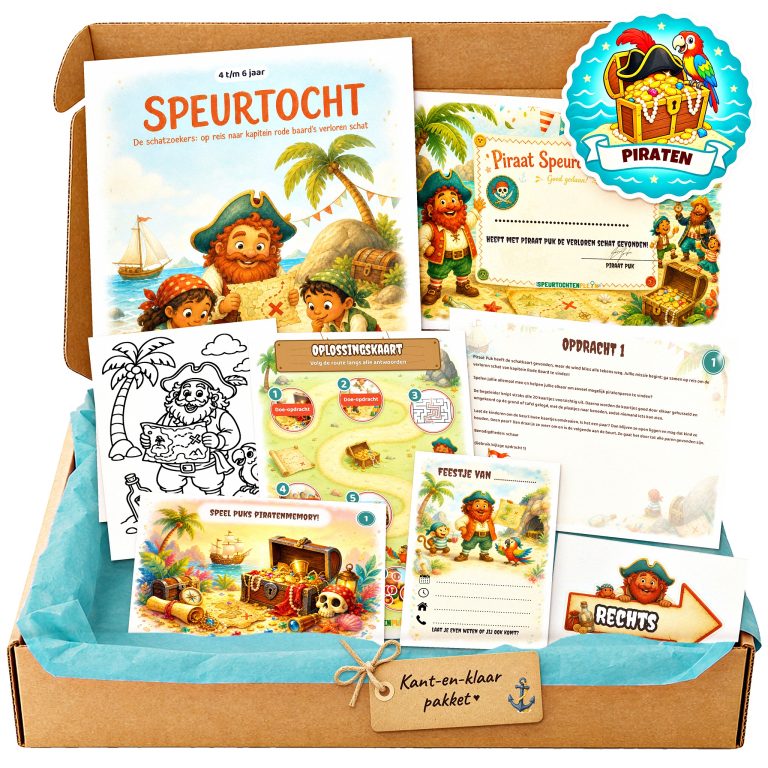 Complete Piraat Speurtocht voor een kinderfeestje met voorblad, opdrachtkaarten, uitnodigingen, diploma en kleurplaat