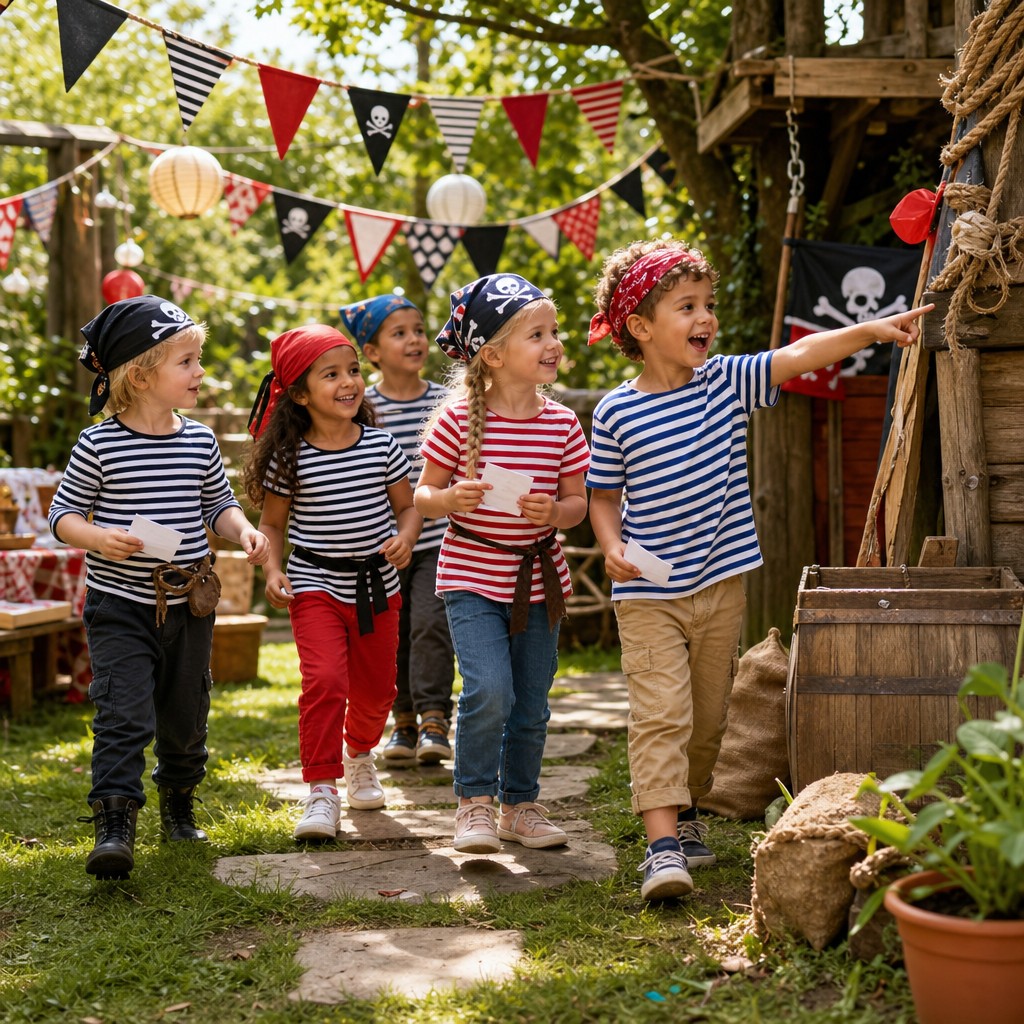 Kinderen op speurtocht tijdens een Piraat Speurtocht kinderfeestje