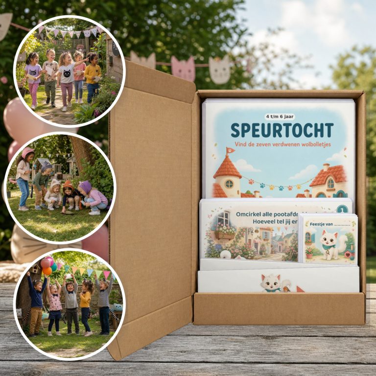Poezen Speurtocht als brievenbuspakket, met foto's van kinderen op speurtocht