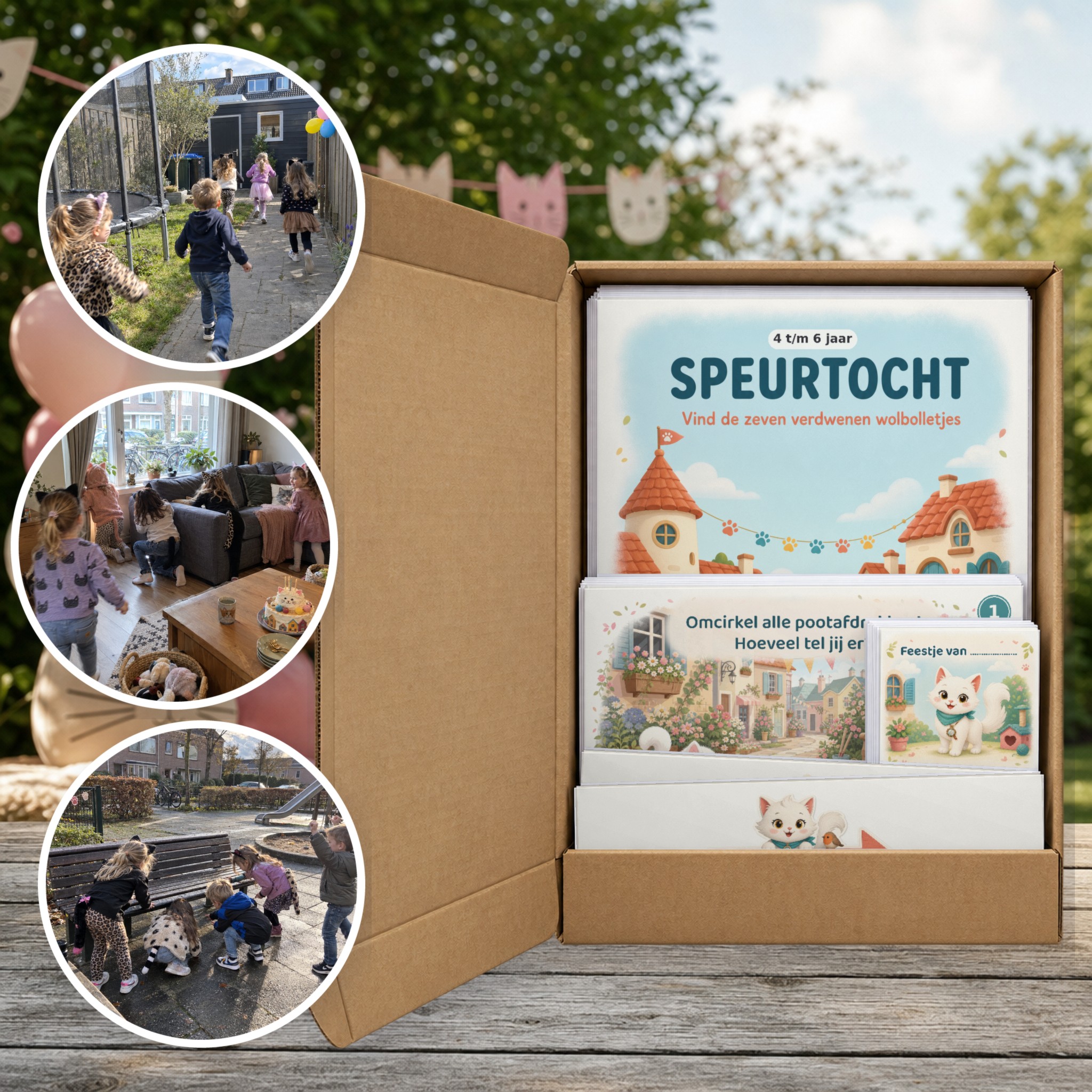 Poezen Speurtocht als brievenbuspakket, met foto's van kinderen op speurtocht