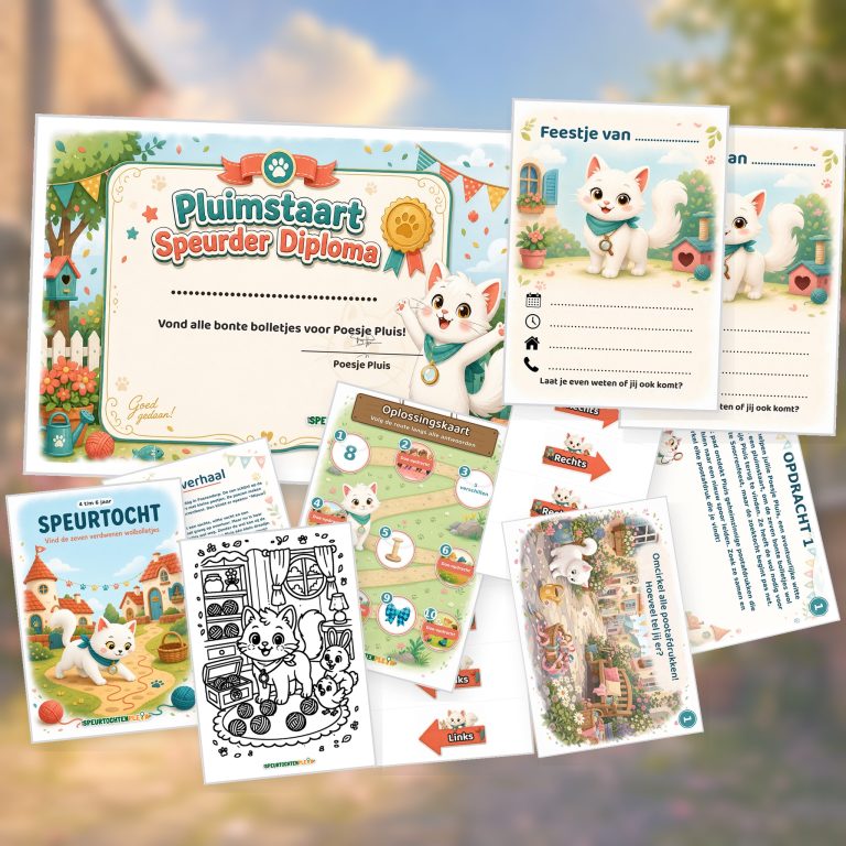 Overzicht van de Poezen Speurtocht met voorblad, verhaal, opdrachtkaart, speluitleg, uitnodigingen, oplossingskaart, kleurplaat, pijlen en diploma