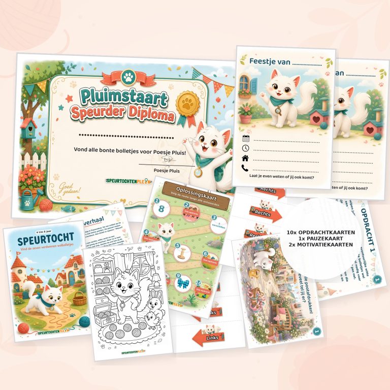 Complete Poezen Speurtocht voor een kinderfeestje met voorblad, opdrachtkaarten, uitnodigingen, diploma en kleurplaat