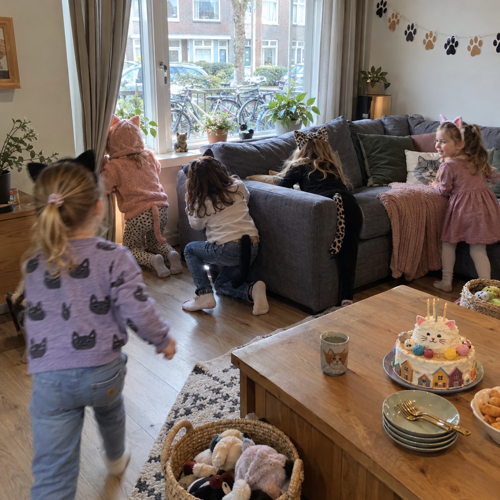 Kinderen zoeken samen naar aanwijzingen bij de Poezen Speurtocht