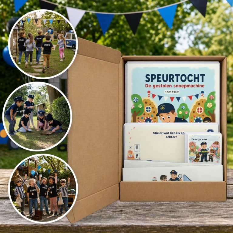 Politie en boefje Speurtocht als brievenbuspakket, met foto's van kinderen op speurtocht