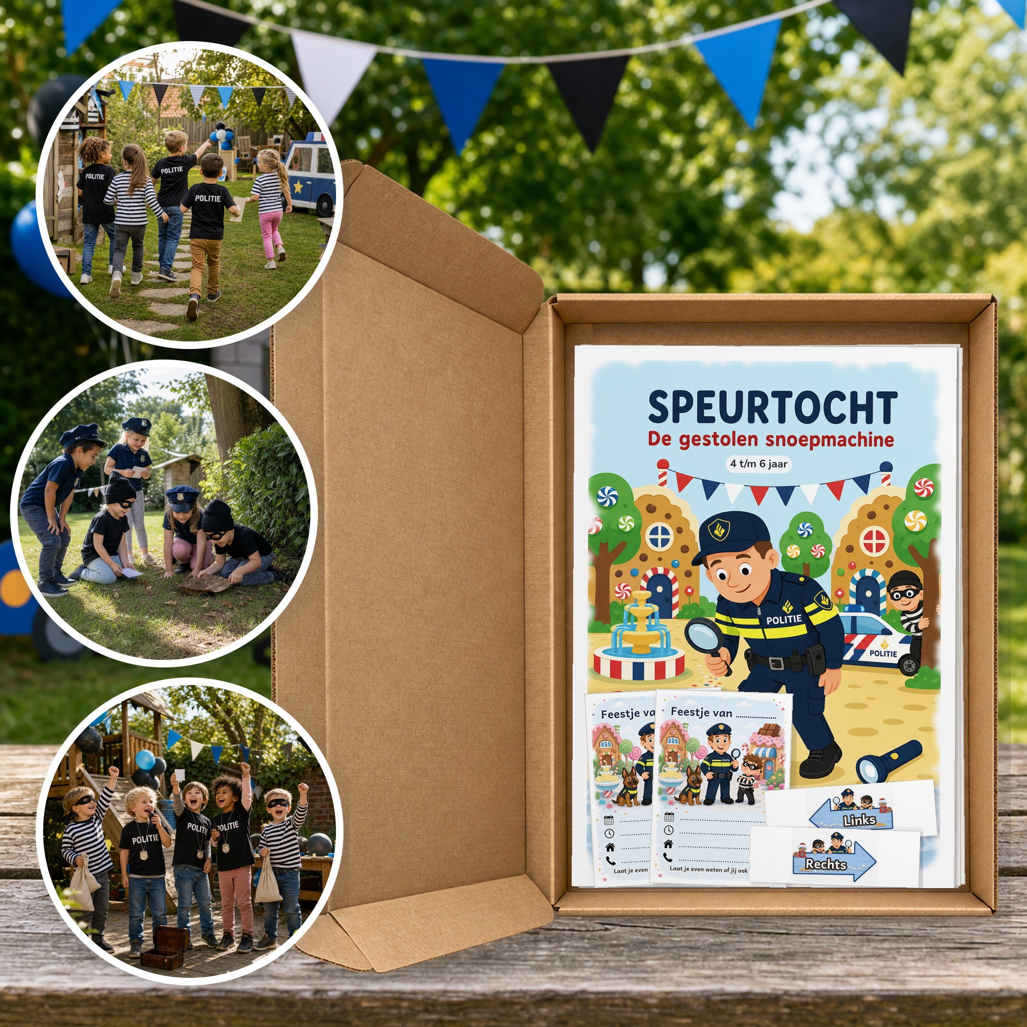 Politie en boefje Speurtocht als brievenbuspakket, met foto's van kinderen op speurtocht