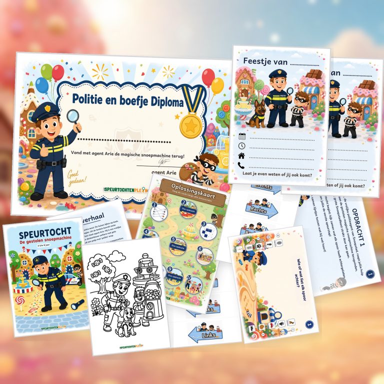 Overzicht van de Politie en boefje Speurtocht met voorblad, verhaal, opdrachtkaart, speluitleg, uitnodigingen, oplossingskaart, kleurplaat, pijlen en diploma