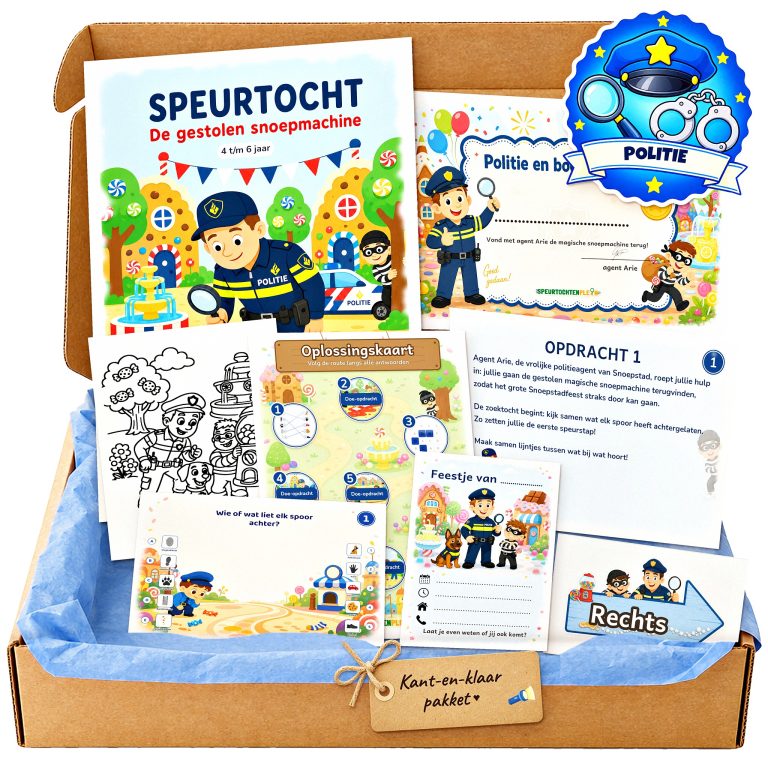 Complete Politie en boefje Speurtocht voor een kinderfeestje met voorblad, opdrachtkaarten, uitnodigingen, diploma en kleurplaat