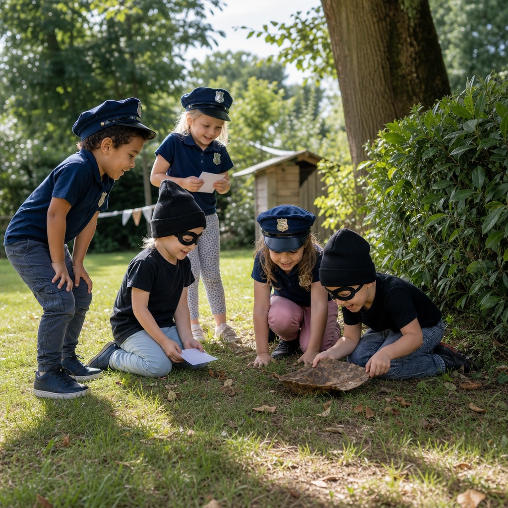 Kinderen zoeken samen naar aanwijzingen bij de Politie en boefje Speurtocht