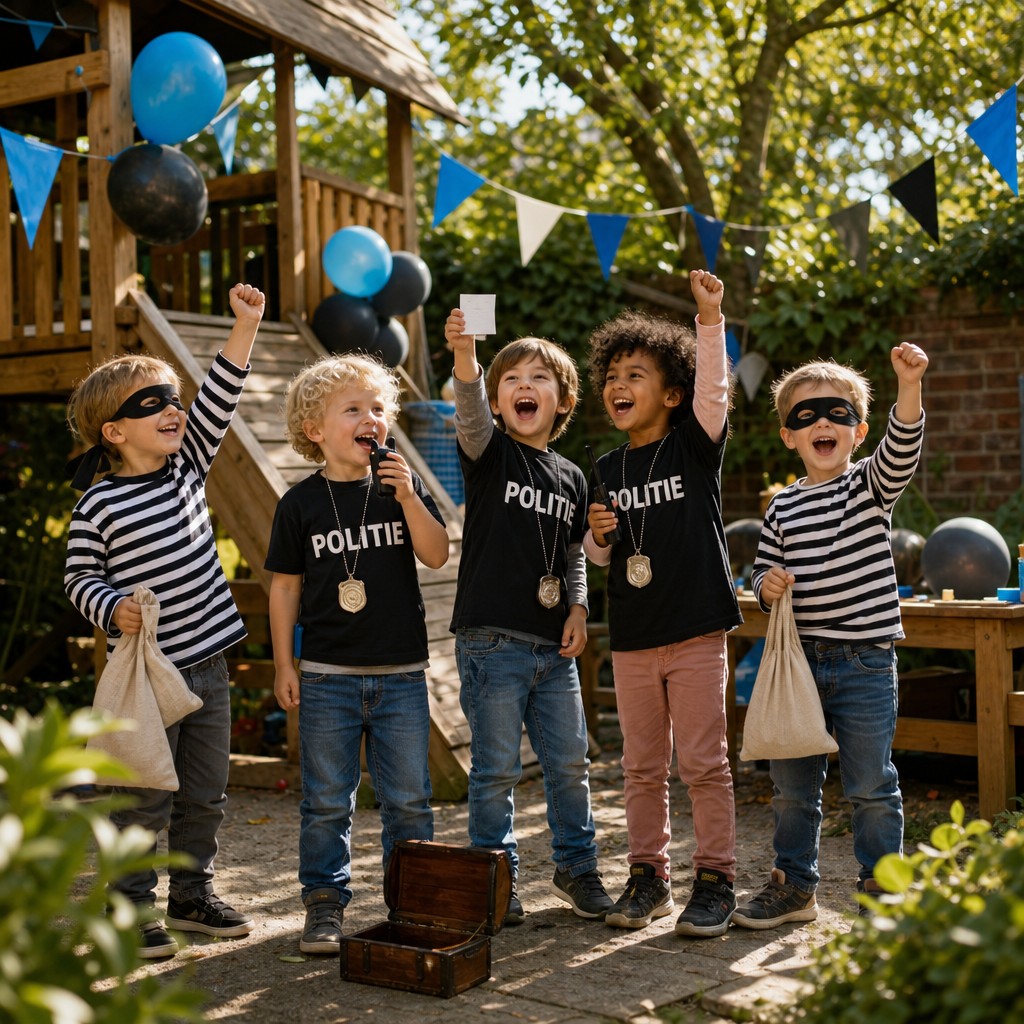 Blije kinderen hebben de schat gevonden bij de Politie en boefje Speurtocht