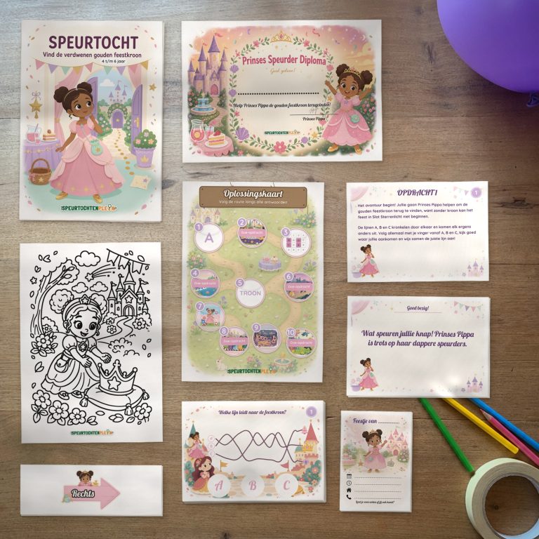 Alle onderdelen van de Prinses Speurtocht op tafel: voorblad, diploma, oplossingskaart, kleurplaat, opdrachtkaarten, speluitleg, uitnodigingen en pijlen